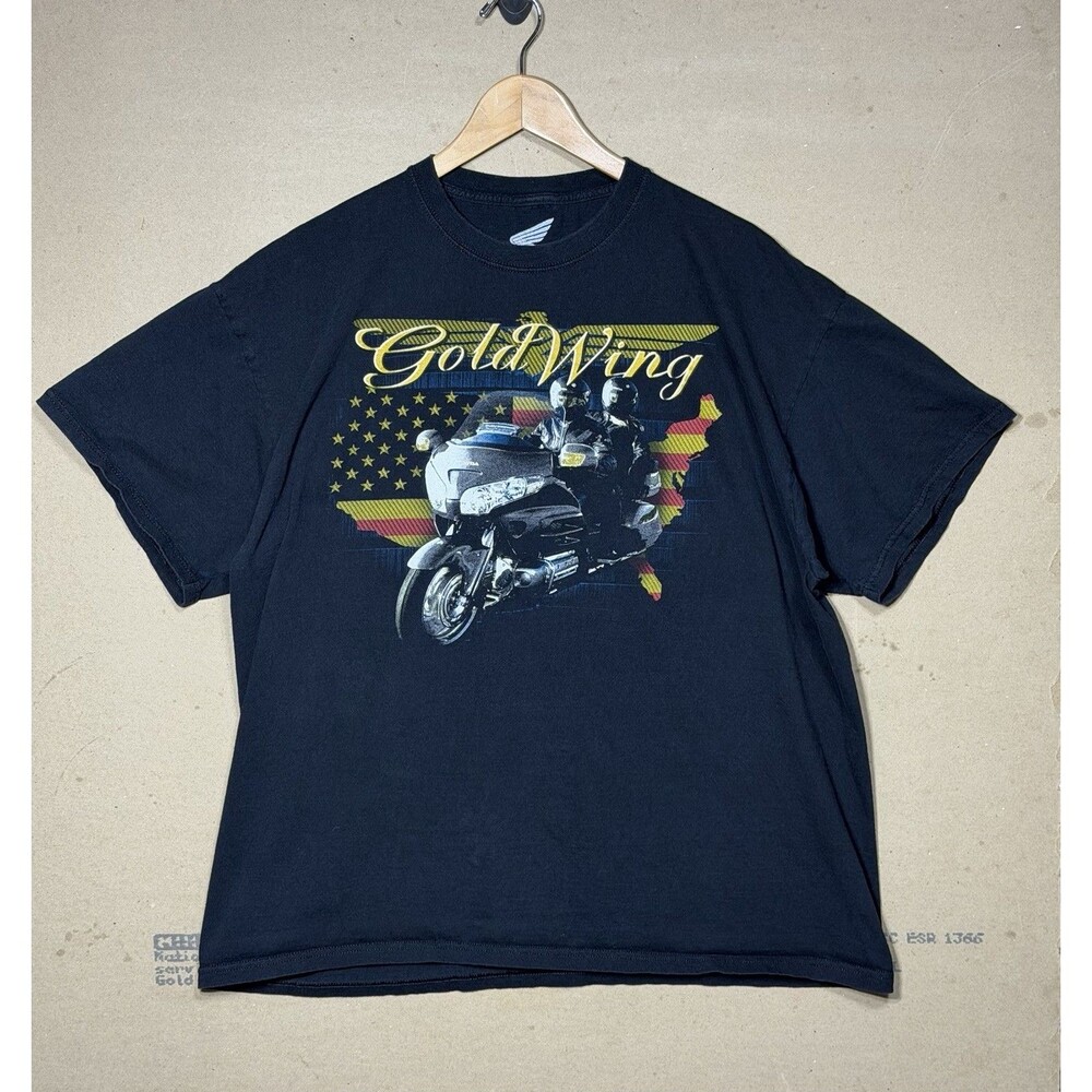 Honda Gold Wing Motorcycle Graphic Tee 2XL Black American Flag Biker Shirt Y2K